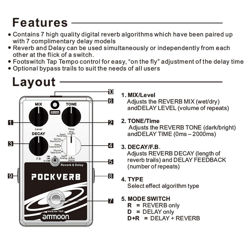 [AUSTRALIA] - ammoon Reverb & Delay Guitar Effect Pedal 7 Reverb Effects + 7 Delay Effects With Tap Tempo Function True Bypass 1 