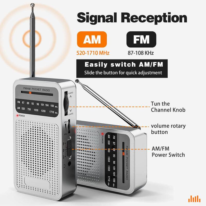 Portable Radio AM FM, Goodes Transistor Radio with Loud Speaker, Headphone Jack, 2AA Battery Operated Radio for Long Range Reception, Pocket Radio for Indoor, Outdoor and Emergency Use - Silver New-Silver