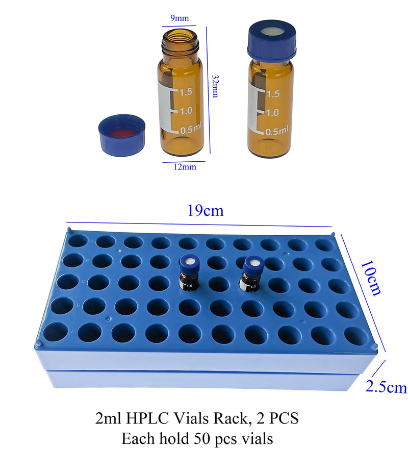 MUHWA HPLC Vials, 2ml Lab Autosampler Vials with Rack, Vials with Writing Area and Graduations, Screw Cap, White PTFE and Red Silicone Septa, (2 Racks and100 Vials)/Pack (Amber) Amber