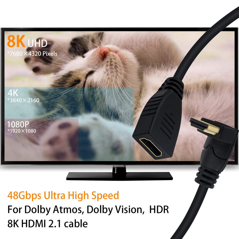 Poyiccot 8K HDMI Extension Cable, Short 8K HDMI 90 Degree Up Angle Male to Female HDMI 2.1 Cable 48Gbps with 8K 60Hz Video and 3D HDR for TV/Xbox /PS4 /PS5 (Up M/F), 0.5feet 8K HDMI Extension Cable Up Angle