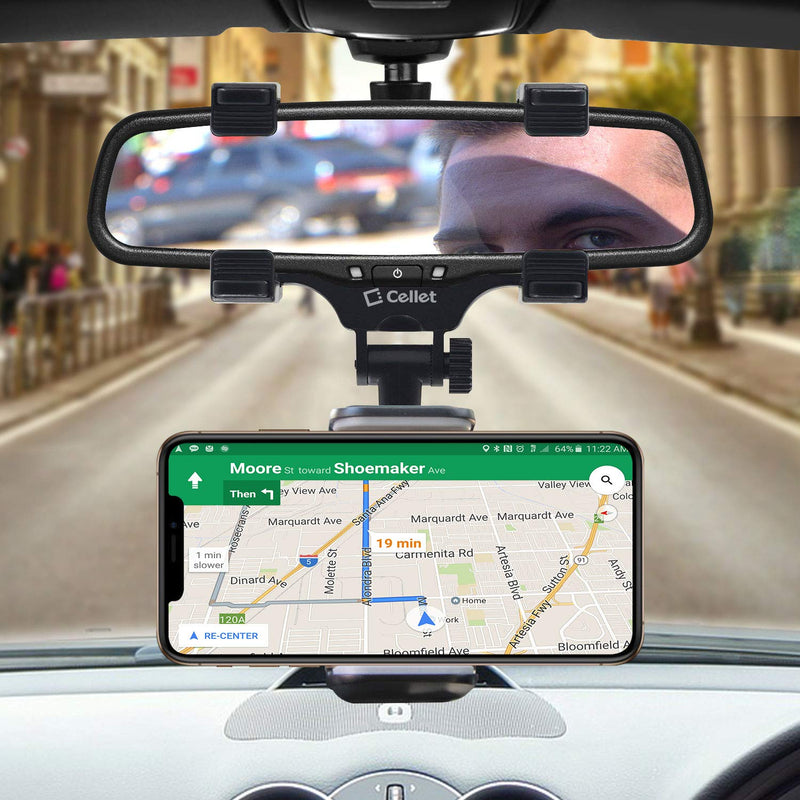 Cellet Vehicle Rear View Mirror Phone Holder Mount Universal Smartphone Cradle Compatible to iPhone 13 12 Pro Max mini 11 XR XS X 8 Note 20 10 9 Galaxy S21 S20 S10 Google Map GPS Navigation Pixel Moto