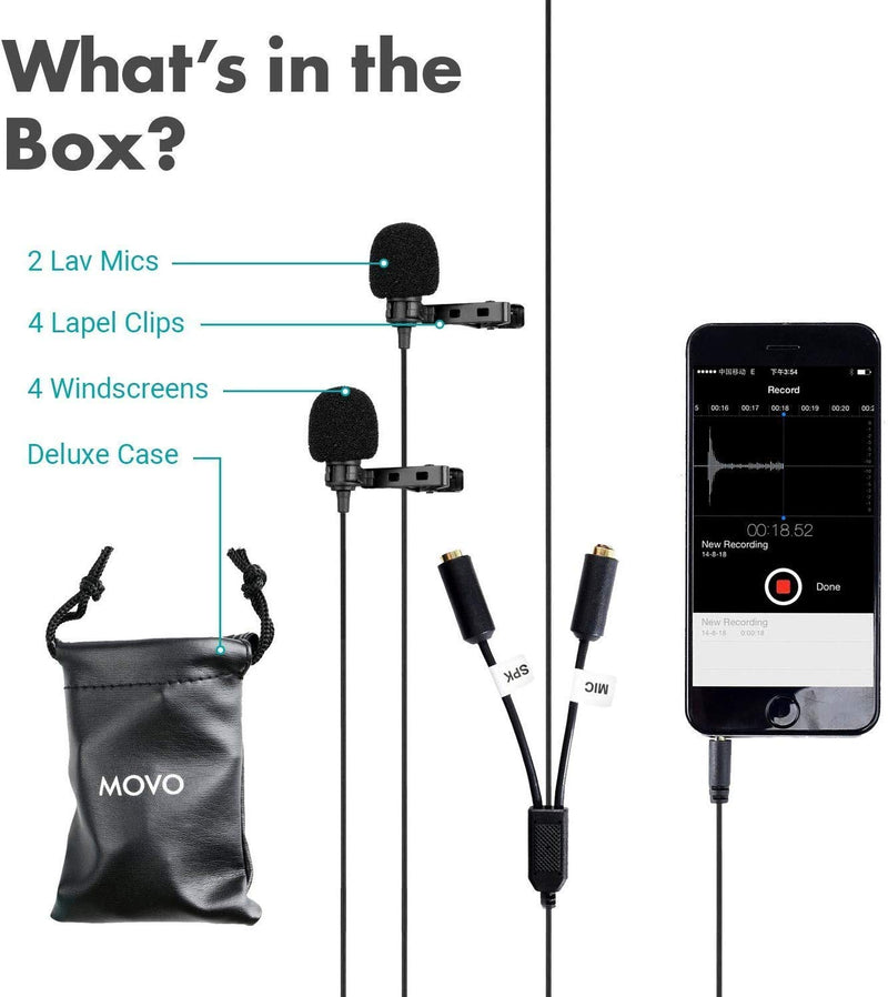 [AUSTRALIA] - Movo Professional Lavalier Lapel Clip-on Interview Podcast Microphone with Secondary Mic and Headphone Monitoring Input for iPhone, iPad, Samsung, Android Smartphones, Tablets - Podcast Equipment 