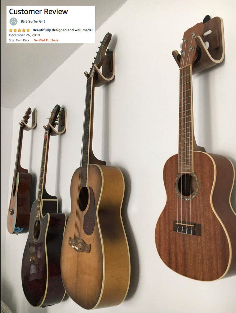 Guitar Wall Mount Hooks 2 Pack: Modern Design Guitar Hanger for Storage & Display. Heavy Duty Ply Wood Guitar Hook Holder for the Wall. Hangers Stand for Acoustic Guitars, Ukulele, Bass, Violin, Cello Double Pack