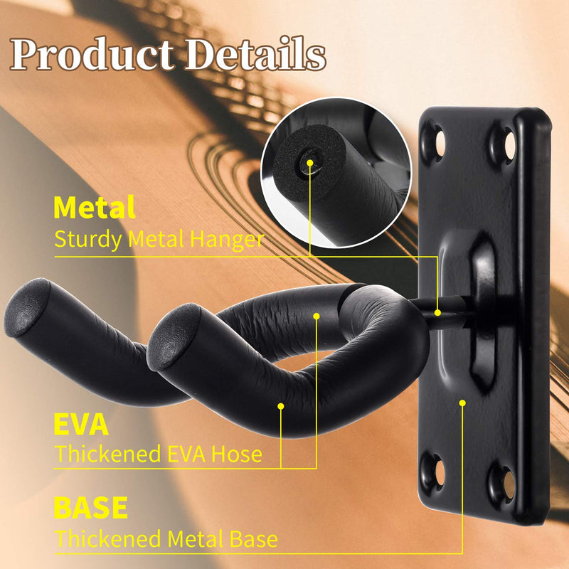 Guitar Wall Mount Hanger Hook Holder Stand 3 Pack Guitar Hangers Hooks for Acoustic Electric and Bass Guitars (3Pack-Black)