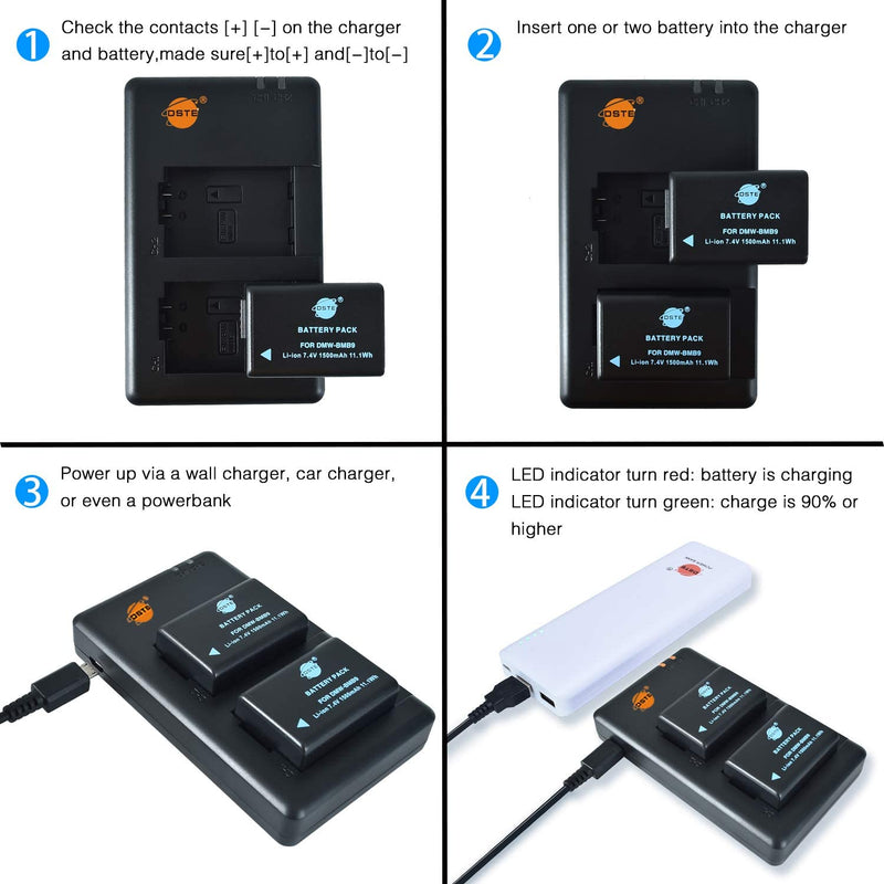 [AUSTRALIA] - DSTE Replacement for 2X DMW-BMB9E BMB9 Battery + Rapid Dual Charger with Micro USB Cable Compatible Panasonic Lumix DMC-FZ40 FZ45 FZ47 FZ48 FZ60 FZ62 FZ70 FZ72 FZ80 FZ100 FZ150 as BP-DC9 