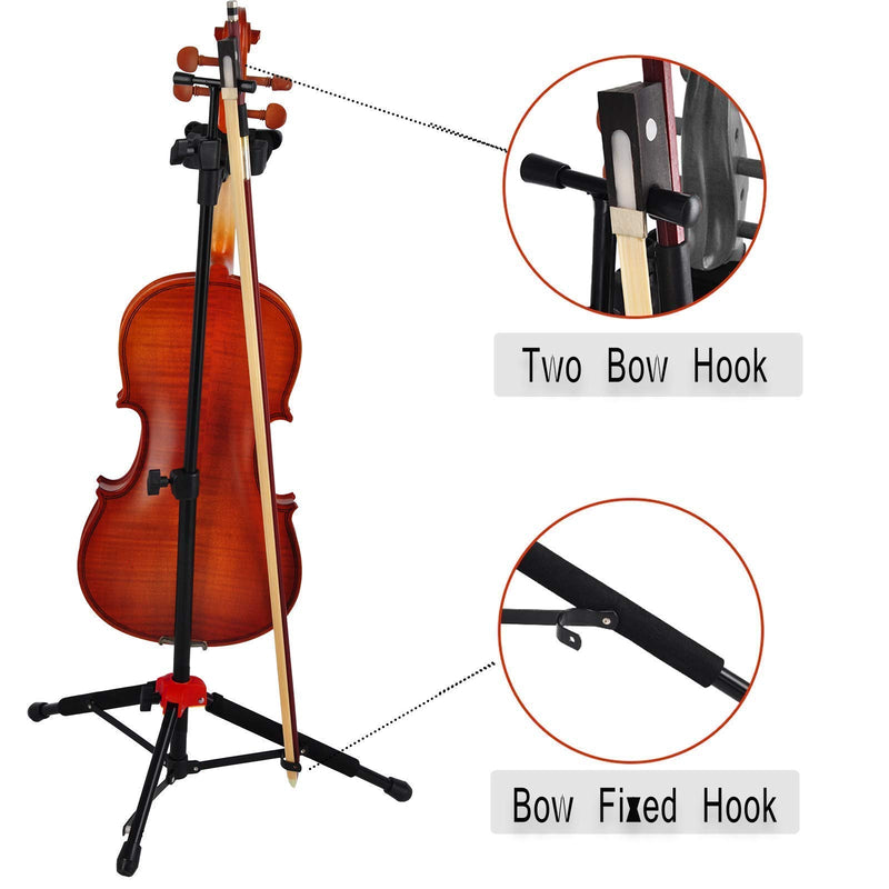 EASTROCK Violin Stand Black Tripod Viola Stand and Height Adjustable with Bows Hook Holder Automatic Locking Hook & Soft Pad Material(Violin Stand)