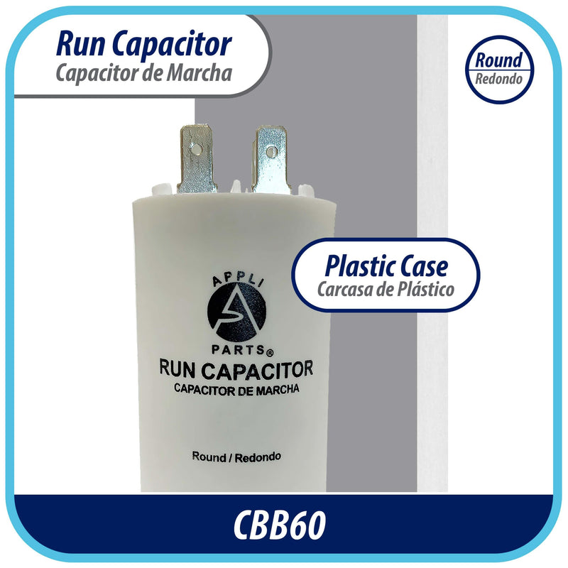 Appli Parts Run Capacitor for electric motors 45 Mfd uF (microfarads) 250VAC Plastic Case with terminals CBB60 Round Universal fit water pumps and others 4-1/4 in High 1-3/4 in Wide CON-45-250-P 45 Mfd 250v