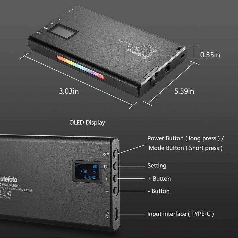 RGB Video Light Led Panel Portable Mini Built-in 7.4V 3300mAh Rechargeable Battery Light 1530°Full Color 2500-8500K with Aerometal Alloy Shell for Camera Photography Youtube Studio Filming Recording