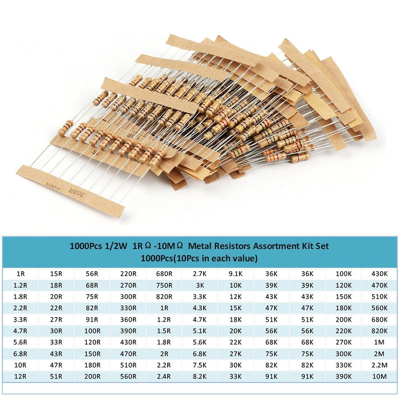 ARCELI 100Values 1000pcs 1-10M ohm 1/2W Carbon Film Resistor Assortment Kit