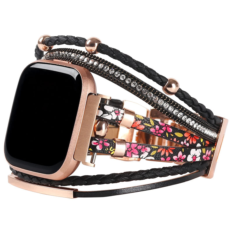 Posh Leather Bands Compatible With Fitbit Versa/Fitbit Versa Lite/Fitbit Versa 2 Bands for Women, Handmade Multilayer Wrap Bracelets Jewelry Strap Wristband for Fitbit Versa Smart Watch Black Pink Floral