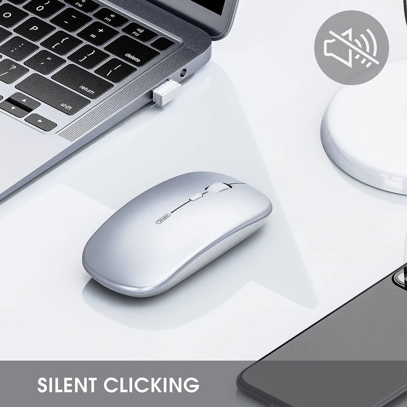 Bluetooth Mouse, INPHIC Multi-Device Slim Silent Rechargeable Bluetooth Wireless Mouse (Tri-Mode: BT 5.0/4.0+2.4G), 1600DPI Portable Mouse for MacBook Laptop Android Tablet Windows PC iPadOS, Silver