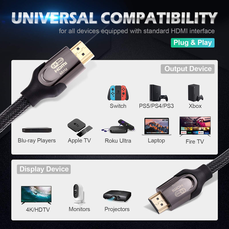 8K HDMI Cable 10FT, HDMI 2.1 48Gbps High Speed HDMI Cord 8K@60Hz HDCP 2.2, 4:4:4 HDR, eARC, 4K@120Hz, Compatible with PS5/PS4, Xbox, 8K TV, Blu-ray, Monitor, RTX 3080 3090, Xbox Series X (10 Feet) 10 Feet