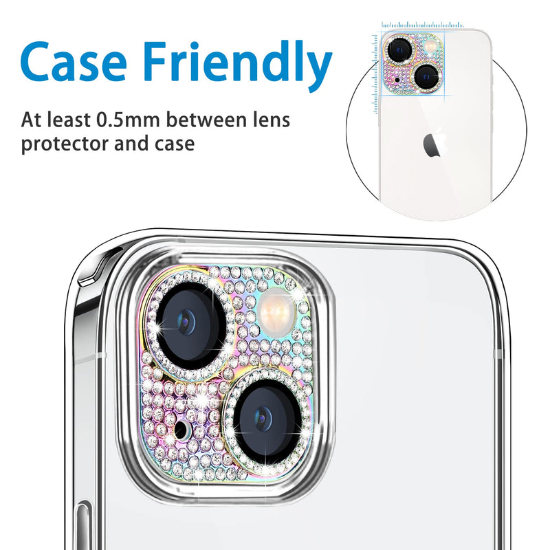 Hsefo for iPhone 14 and iPhone 14 Plus Camera Lens Protector, Bling 3D Rhinestone Sparkle Diamond 9H Tempered Glass Camera Cover Anti Scratch Shockproof Metal Lens Screen Full Protective Cover, Colorful Multi-Coloured