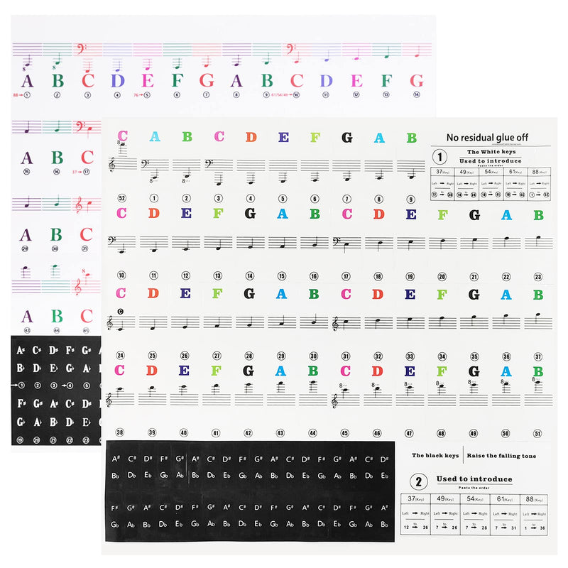 2 Sets of Piano Keyboard Stickers for 88/61/54/49/37 Key, SourceTon Colorful Piano Stickers Transparent and Removable for Beginners