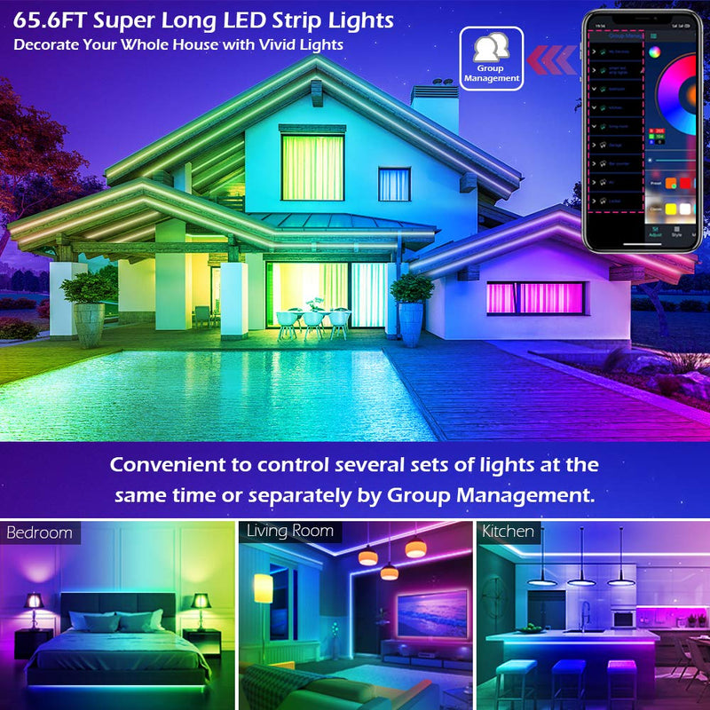 Led Strip Lights, 65.6ft Led Light Strips Music Sync Color Changing RGB Led Strip Built-in Mic,Bluetooth App Control LED Tape Lights with Remote,5050 RGB Rope Light Strips (APP+Remote+Mic+3 Button) 65.5ft-20m