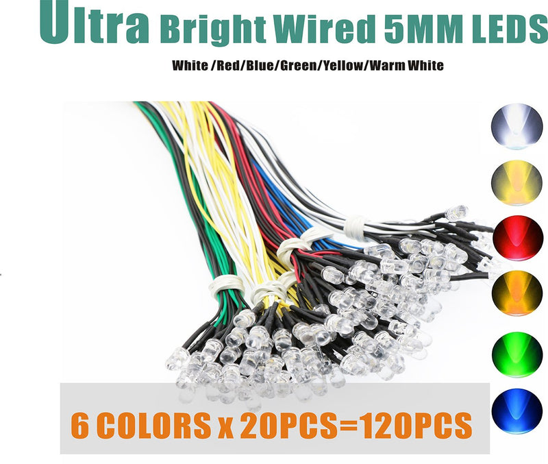 120PCS 6 Color Ultra Bright 12v Pre Wired LED Diodes Light -White Red Blue Green Yellow Warm White G:/Multi-colors