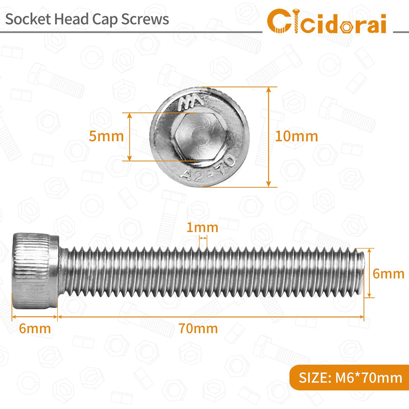 [AUSTRALIA] - Cicidorai M6-1.0 x 70mm Socket Head Cap Screws Bolts, 304 Stainless Steel (A2-70), Allen Socket Drive, Bright Finish, Full Machine Threads, Quantity 10 M6 x 70mm(10 PCS) 