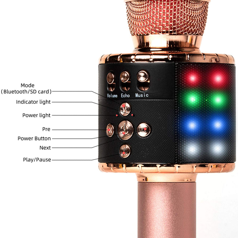 Wireless Bluetooth Karaoke Microphone with Multi-color LED Lights, 4 in 1 Portable Handheld Home Party Karaoke Speaker Machine for Android/iPhone/iPad/Sony/PC(Rose Gold) Rose Gold