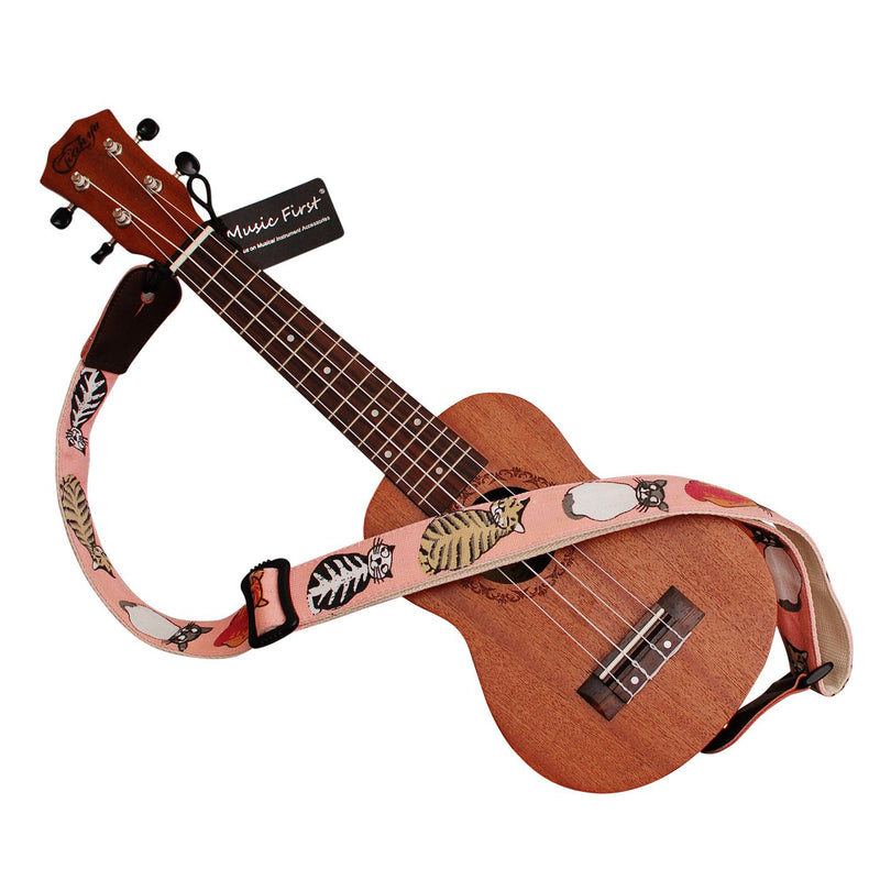 MUSIC FIRST Original Design"MISS CAT" Soft Cotton & Genuine Leather Ukulele Strap Ukulele Shoulder Strap