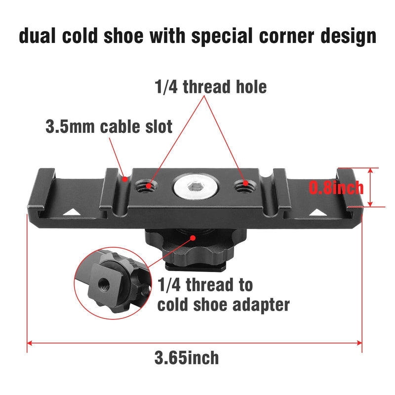 Dual Cold Shoe Mount Bracket,Chromlives Dual Hot Shoe Extension Bar,Cold Shoe Mount Plate Adapter,Aluminum Dual Shoe Extension Bracket with Cable Slot Bayonet for Microphone,Led Video Light,Monitors Dual Cold Shoe