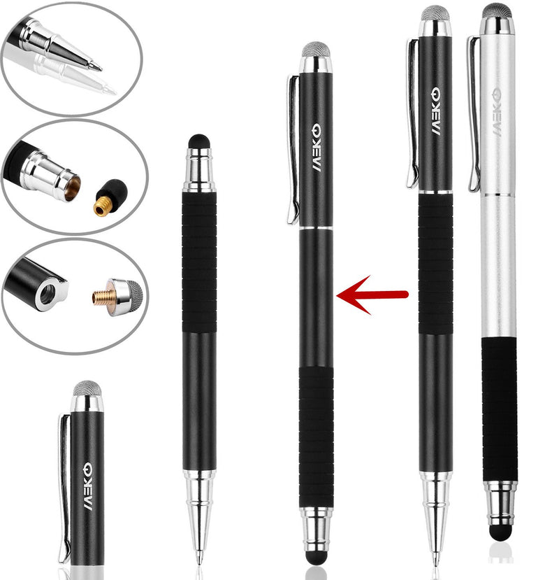 MEKO Stylus Pen 3 in 1 Rubber Tip and Micro Fiber Tip Stylus/Styli Ballpoint Pen (2Pcs) Metal Barrel with Rubber Grip Bundle with 2 Replacement Fiber Tips, 2 Rubber Tips,2 Refill Ink -Silver