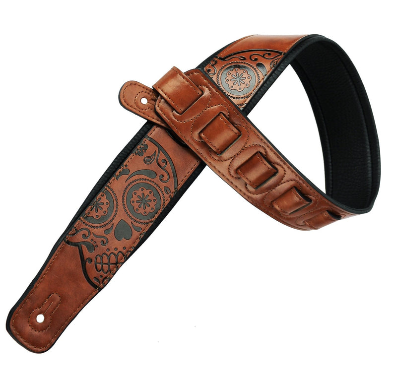 Walker & Williams GM-1277 Chestnut Brown Padded Guitar Strap with Embossed Skulls