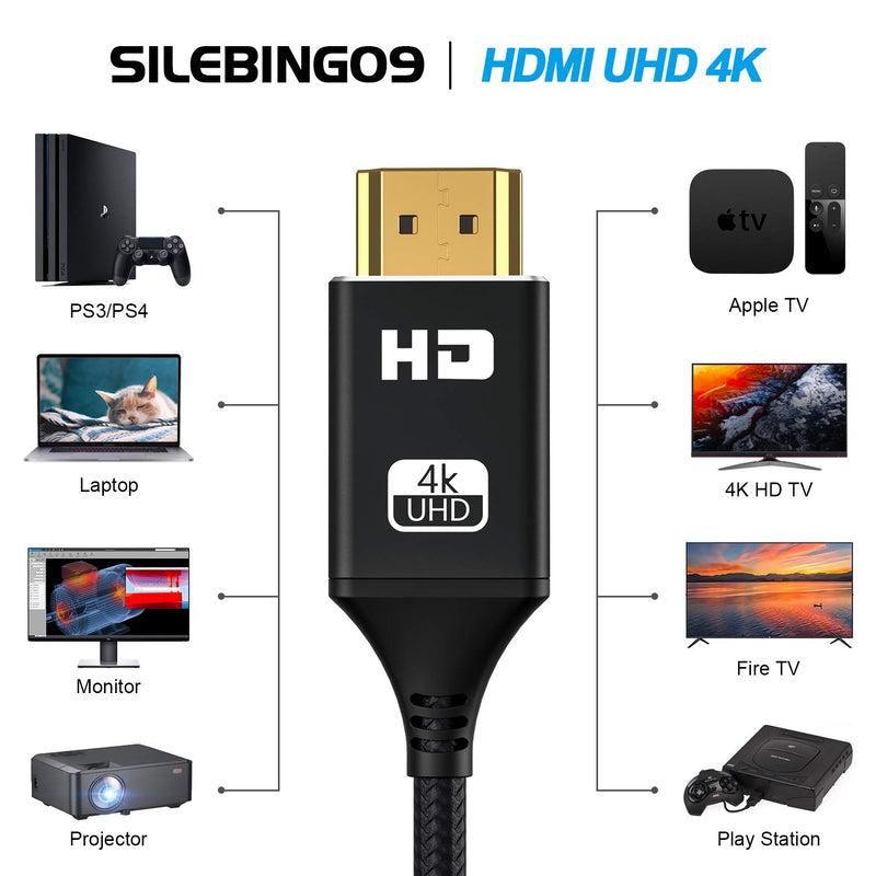 HDMI Cable,SILEBING09 Nylon Braided 10FT High Speed 4K HDMI 2.0 Cable,Support 4K/60HZ/HDR/TV/3D/2160P/1080P Compatible with Most Monitors (10FT, Black)
