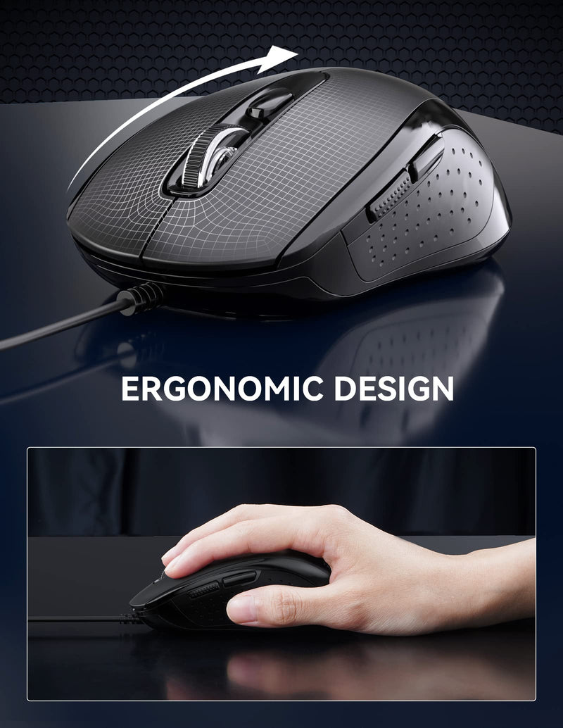 TECKNET Wired Mouse, USB Wired Computer Mouse, 3600DPI 4 Adjustable Levels, 6-Button Ergonomic Mice, Home and Office Mouse for Laptop PC Desktop Notebook - Black