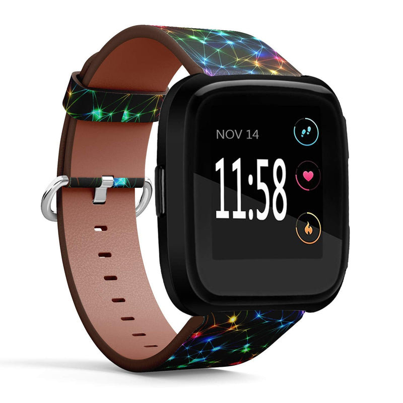 Compatible with Fitbit Versa/Versa 2 / Versa LITE - Quick Release Leather Wristband Bracelet Replacement Accessory Band - Neon Rainbow Low Polygon