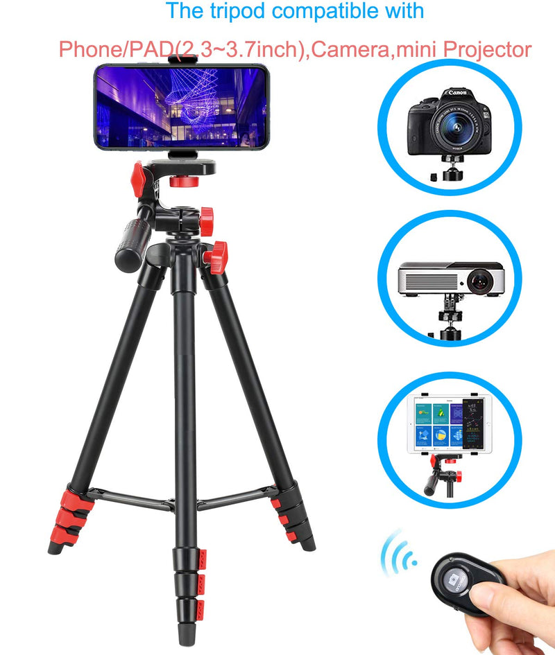Phone Tripod for iPhone Tripod Stand, 53" Cell Phone Tripod, Premium Aluminum Alloy Camera Tripod with Wireless Remote Shutter, Extendable Portable Tripod for Mini Projector Tripod(Red) Red