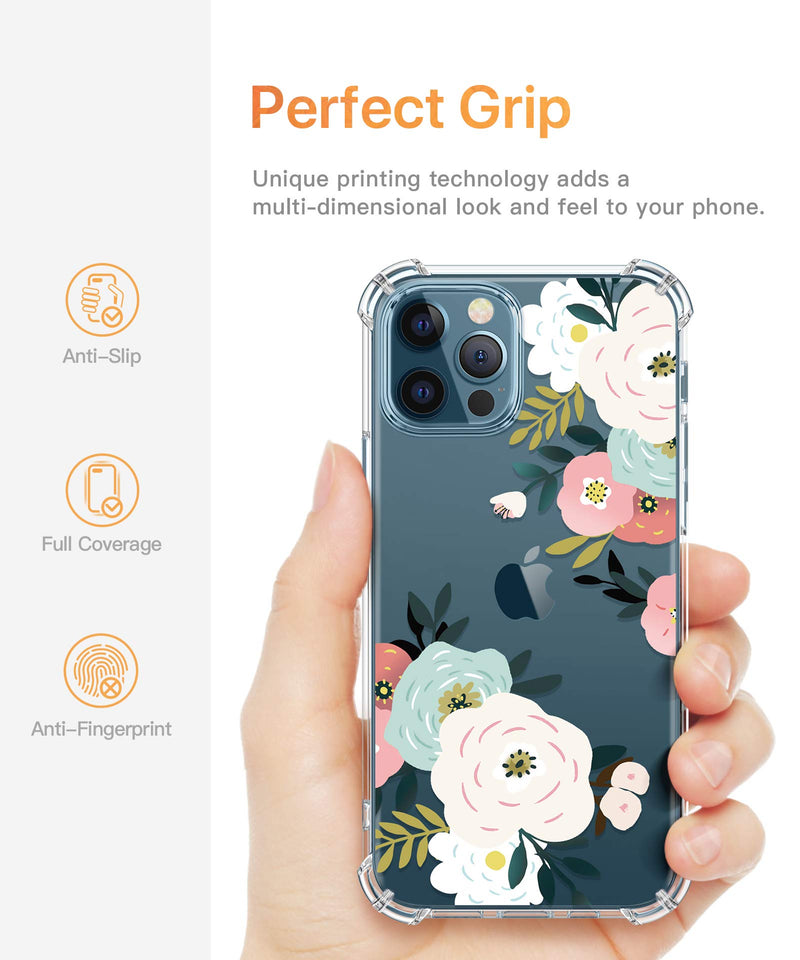 GVIEWIN Designed for iPhone 12 Pro Max Case 6.7 Inch 2020, Clear Floral Women Thin Soft TPU Shockproof Protective Cover Flowers Design Case with Lanyard (Abundant Blossom/White) Abundant Blossom/White