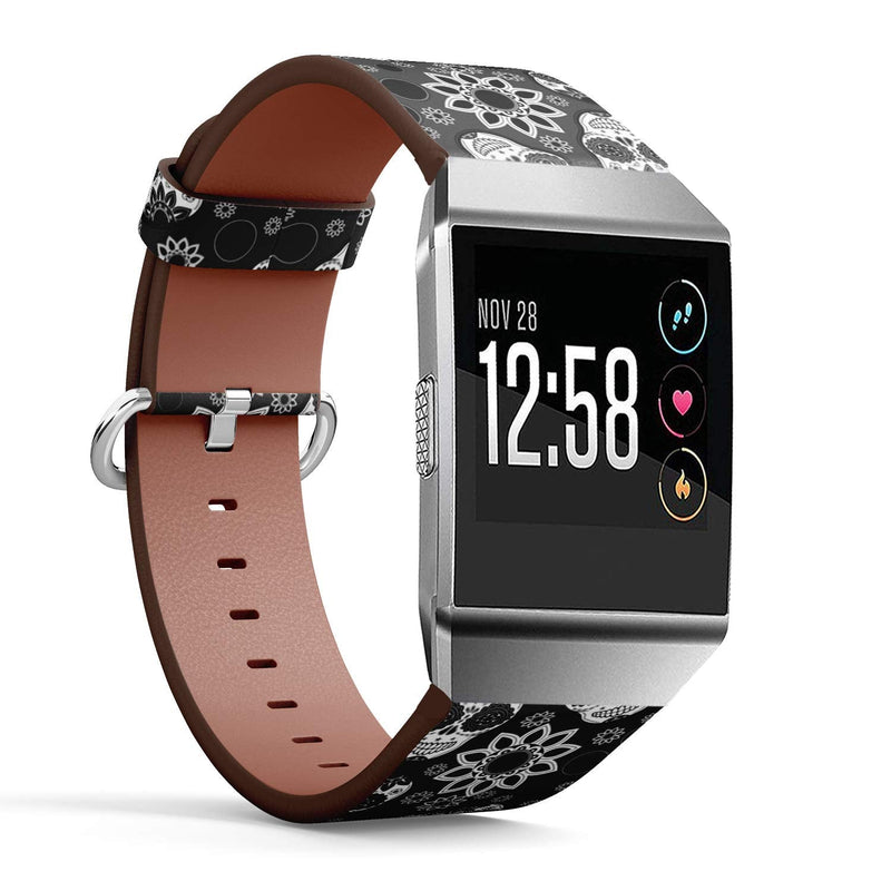 Compatible with Fitbit Ionic Leather Watch Wrist Band Strap Bracelet with Stainless Steel Clasp and Adapters (Sugar Skull)