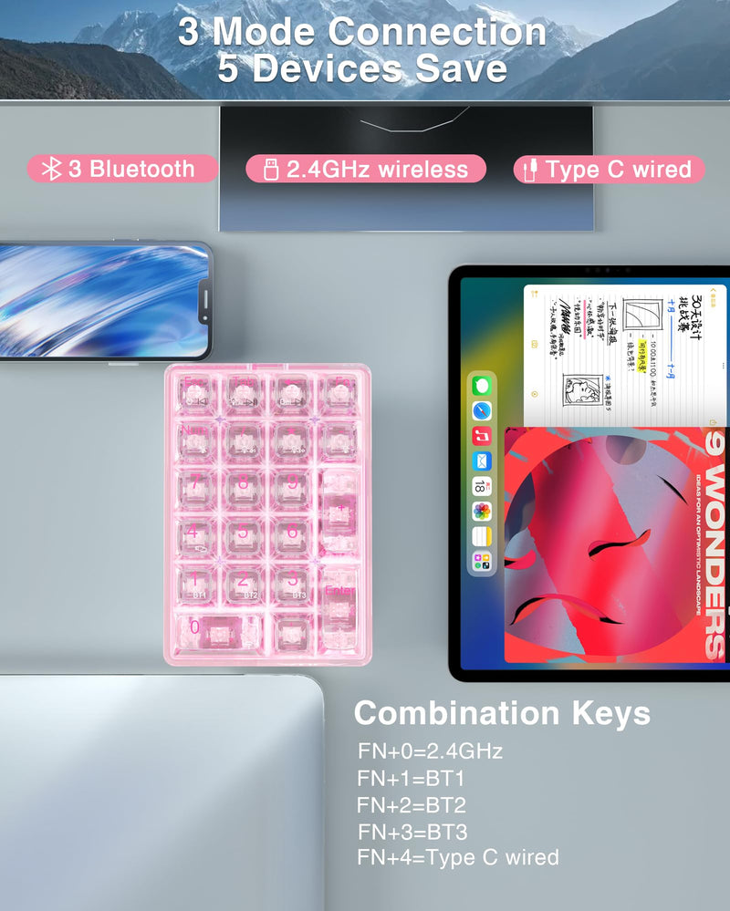 AULA 21 Key 2.4Ghz/Bluetooth/USB-C Connections Numpad, Hot Swappable Mechanical Gaming Keypad with Transparent Keycaps(Pink) Pink