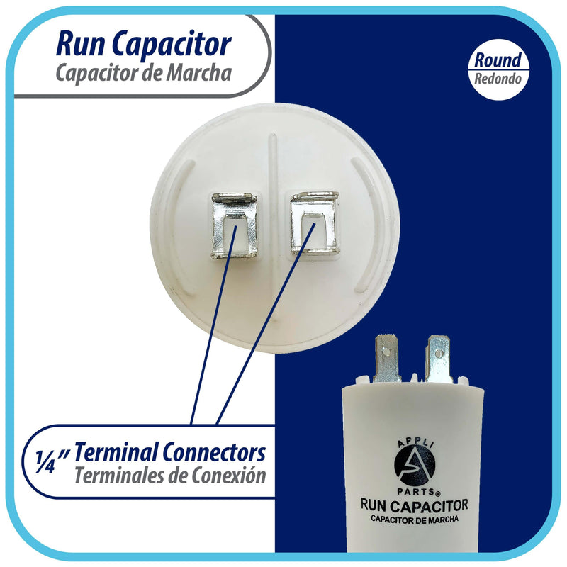 Appli Parts Run Capacitor for electric motors 45 Mfd uF (microfarads) 250VAC Plastic Case with terminals CBB60 Round Universal fit water pumps and others 4-1/4 in High 1-3/4 in Wide CON-45-250-P 45 Mfd 250v