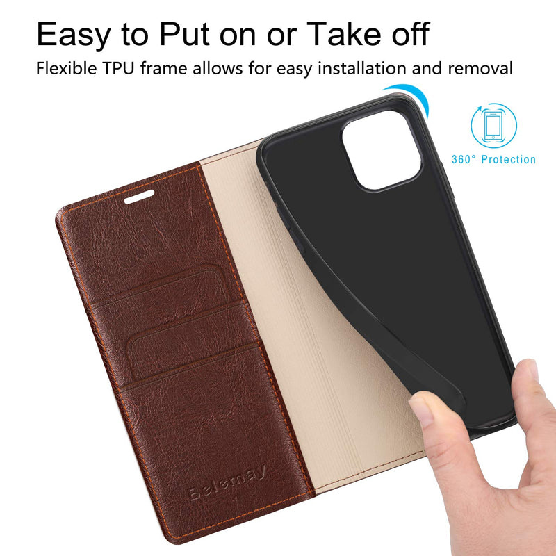 Belemay Compatible with iPhone 12/12 Pro Wallet Case 5G (6.1" 2020) Genuine Cowhide Leather Folio Flip Cover [RFID Blocking] Credit Card Holder [Soft TPU Shell] Kickstand Function Folding Case, Brown Brown (iPhone 12/12 Pro)