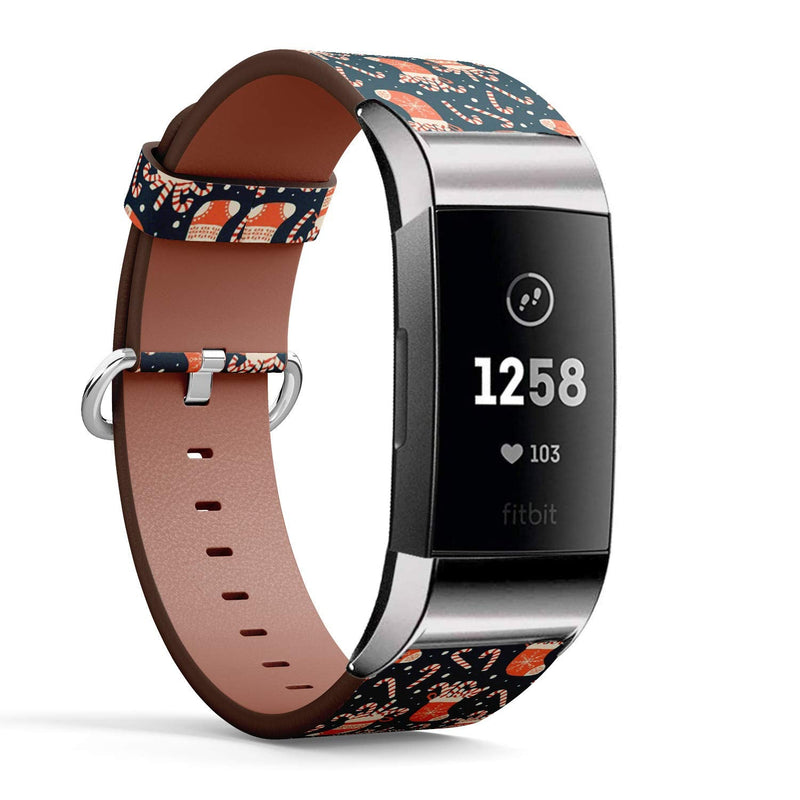 Compatible with Fitbit Charge 4 / Charge 3 / Charge 3 SE - Leather Watch Wrist Band Strap Bracelet with Stainless Steel Adapters (Holiday Christmas Socks)