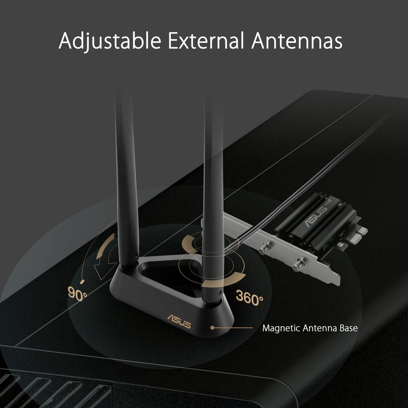 ASUS PCE-AXE59BT WiFi6 6E AX5400 PCI-E Adapter with 2 External Antennas and magnetized Base. Supporting 6GHz Band, 160MHz, Bluetooth 5.2, WPA3 Network Security, OFDMA and MU-MIMO AXE5400 | WiFi 6E | Heatsink