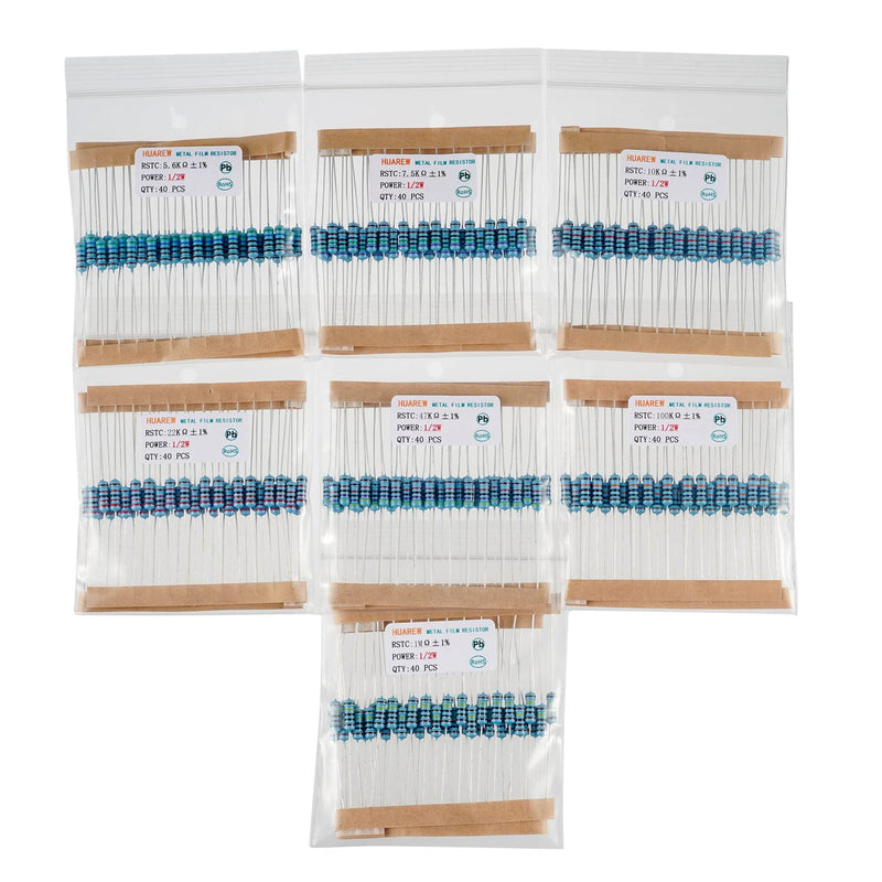 HUAREW 25 Values Single Resistor Kit with 1000 Pcs 1 Ohm-1M Ohm 1/2 W 1% Metal Film Resistors Assortment Kit for DIY Projects and Experiments