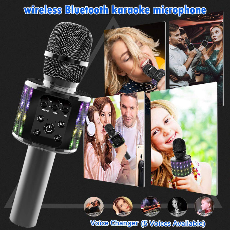 [AUSTRALIA] - Karaoke Microphone,4-in-1 Portable Handheld Wireless Bluetooth Microphone,with Double Singing,Controllable LED Lights, Family Party Karaoke Speaker black 
