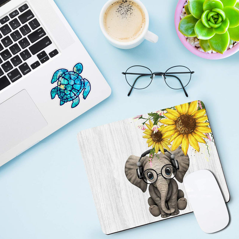 Mouse Pad with Sunflower Elephants Gaming Mouse Pads for Laptop Computers Non-Slip Rubber Base Mousepads for Office Home, Rectangle Cute Mouse Mats and Sea Turtles Stickers Small