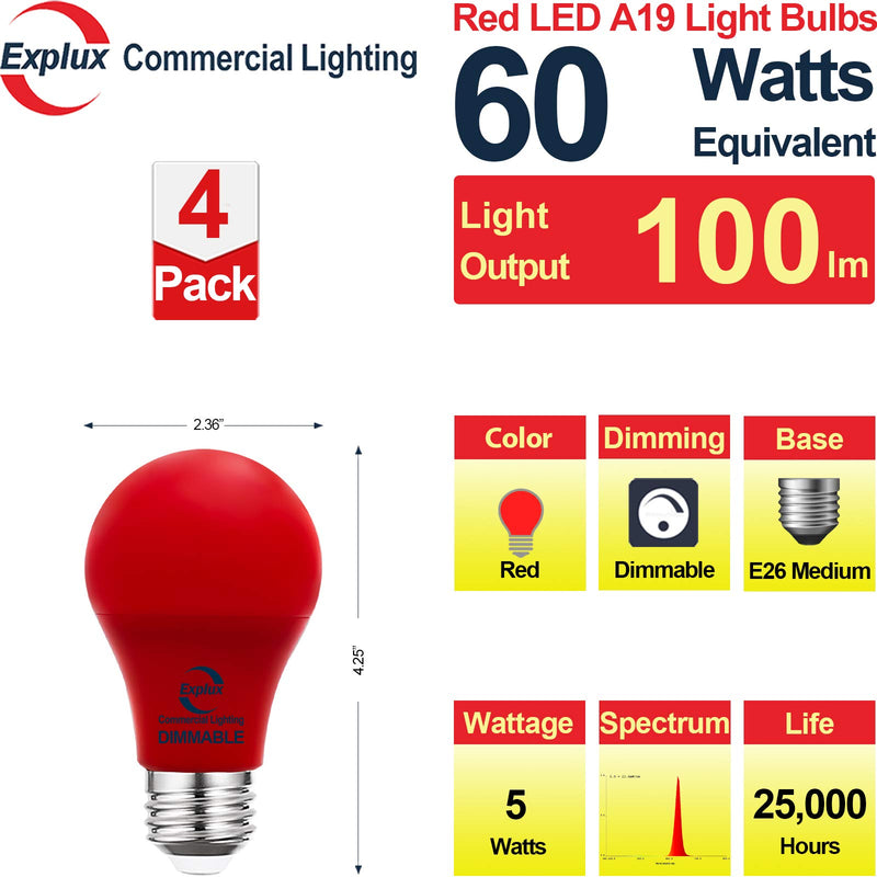 Explux Commercial Lighting Dimmable A19 LED Red Light Bulbs, 60W Equivalent, 4-Pack Dimmable Colored Version 4-Pack
