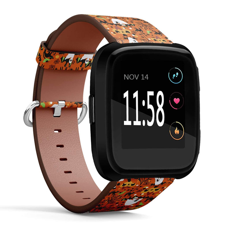 Compatible with Fitbit Versa/Versa 2 / Versa LITE - Leather Watch Wrist Band Strap Bracelet with Quick-Release Pins (Halloween Orange Black)