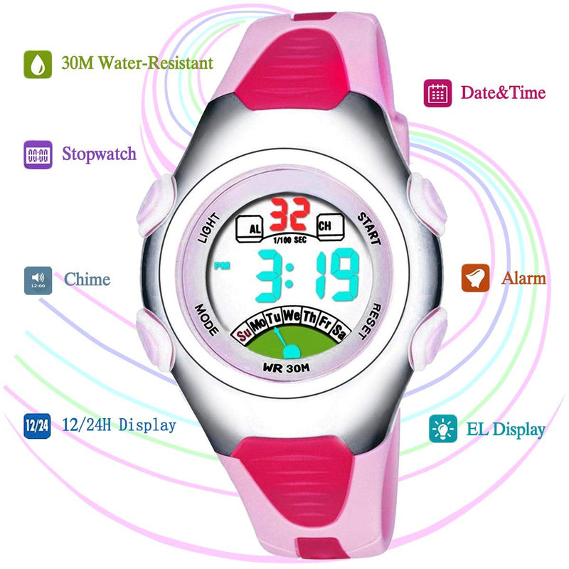 PASNEW Kids Digital Sport Watch for Girls Boys, Waterproof Electrical Watches with Luminous Alarm Stopwatch Child Wristwatch for Ages 3-9 Pink