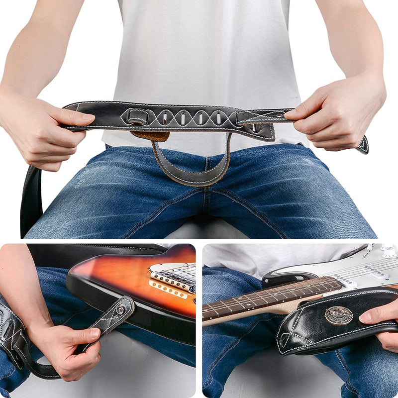 [AUSTRALIA] - Guitar Strap Leather 3 Inch Wide Full Grain Padded Soft Leather Strap for Acoustic, Electric and Bass Guitars (Black) Black 