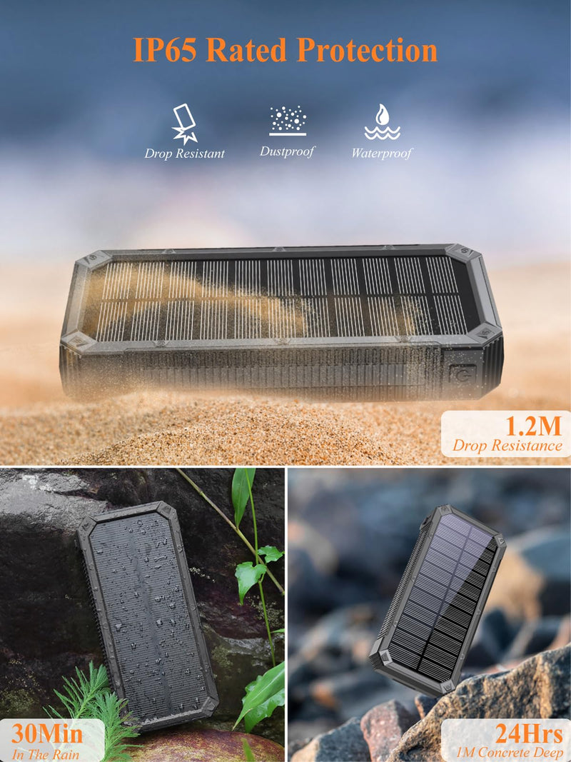Power-Bank-Solar-Charger - 30000mAh Solar Power Bank, PD 20W Quick Charge,Drop-Proof Waterproof Dustproof Built-in LED Flashlight for iPhone, Tablet, Samsung and More USB Device(Black) Black