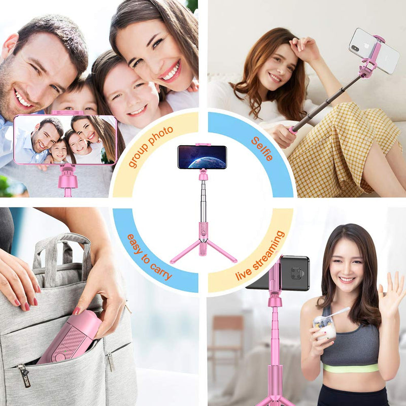 HOTKAY Selfie Stick Tripod,Portable All-in-one Aluminum Expandable Phone Tripod, Bluetooth Remote Compatible with Apple & Android Devices, Non Skid Tripod Feet(Pink) pink