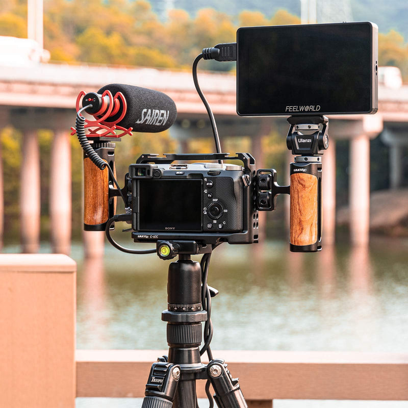 R075 Wooden Handle Grip Left Right Compatible for Sony A6400 A6600 A7III A7IV Nikon Canon Panasonic Camera Cage, for iPhone/Smartphone Video Rig Video-graphy Accessories Mobile Filming 1/4" Bracket