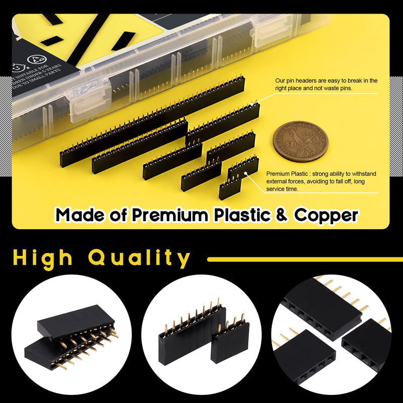 Mardatt 240 Pcs 2.54mm Female Pitch Straight Single Row Pin Headers Socket Assortment Kit 4/6/8/10/12/16/20/40 Pins Connector Housing PCB Board Pin Connector Set