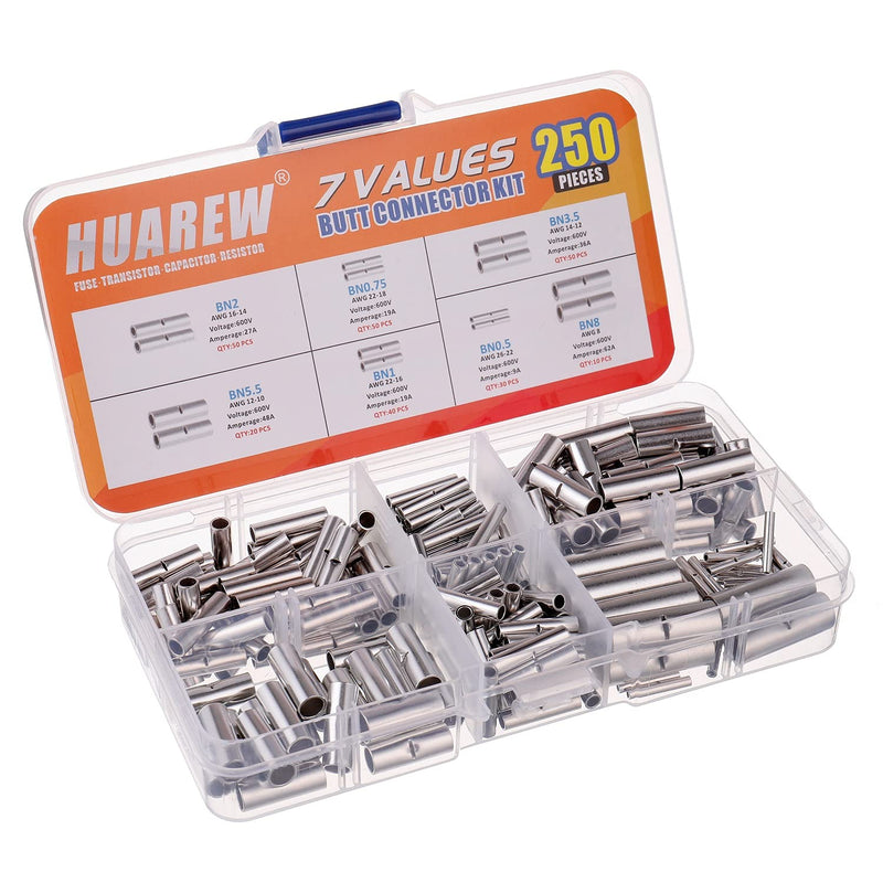 HUAREW 7 Values 250 Pcs 26-22AWG 22-18AWG 22-16AWG 16-14AWG 14-12AWG 12-10AWG 8AWG Electrical Wire Seamless Non Insulated Butt Connector Crimp Ferrule Terminals