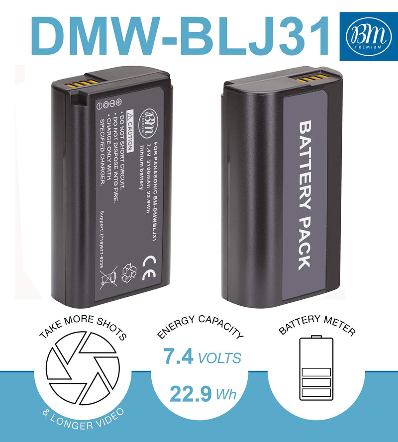 BM Premium 2 Pack of DMW-BLJ31 Batteries and Battery Charger for Panasonic Lumix DC-S1, DC-S1H, DMW-BGS1R Digital Cameras